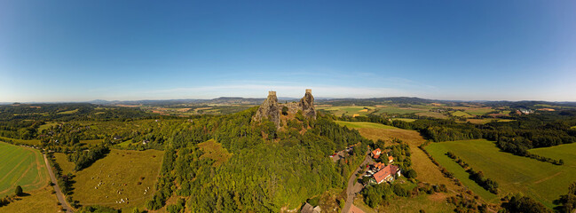 Ancient ruins of the castle Trosky in Cesky raj, Czech republic, landscape panorama, old mediaval fortress in central Europe - obrazy, fototapety, plakaty