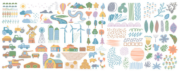 Cute farm set. Farm drawings collection. Cute set of village life and objects for a poster, banner or postcard, freehand drawings of animals, trees, traсtor and house.