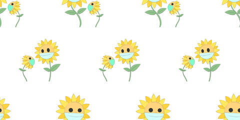Fototapeta na wymiar Flowers seamless pattern, Sunflowers cartoon characters wear a face masks on a white wallpaper. 