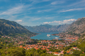 Panorama view of the old town and the bay in Kotor, Montenegro.