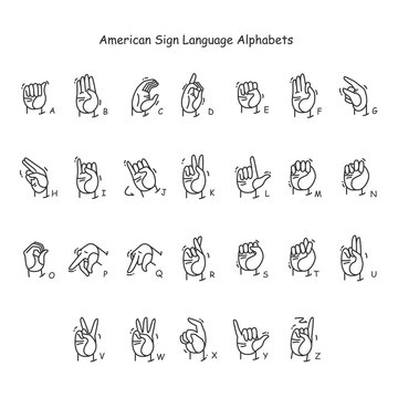 Hand Gestures Showing A-Z Letters Line Icons Set. Fingerspelling American Language. Sign Alphabet For Deaf-mutes. Communication For Disabled People. Isolated Vector Illustration. Editable Stroke 