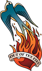 Tattoo of a swallow flying from the fire