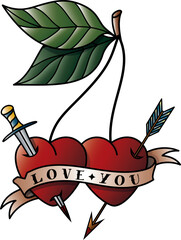 Cherry tattoo with the words love you. Valentine's day