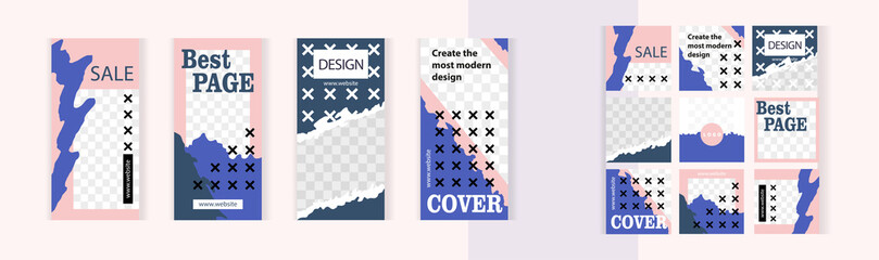 Modern design in pink and blue. Small black and white crosses. Set of vertical and square banners for design of social networks, instagram story and print with windows for images. 