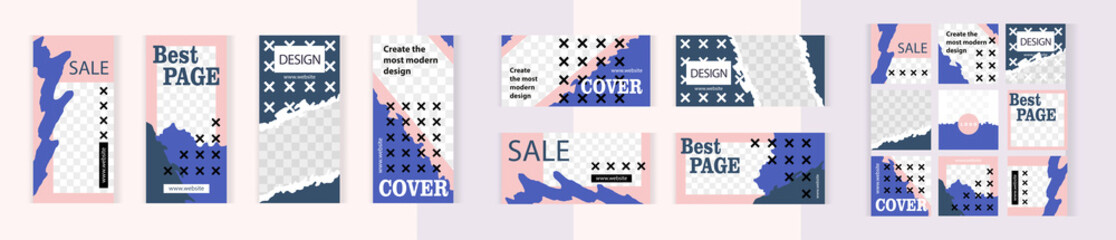 Modern design in pink and blue. Small black and white crosses. Big set of vertical, horizontal and square templates for design of social networks, story and print with windows for images.