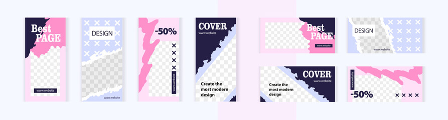 Contemporary design in soft pink and light blue. Small black and white crosses. Set of vertical and horizontal banners for design of social networks, instagram story  print with windows for images. 