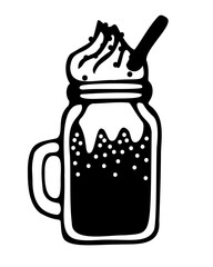 Vector hand drawn illustration of hot chocolate with cream in jar mug. Outline doodle isolated on white background