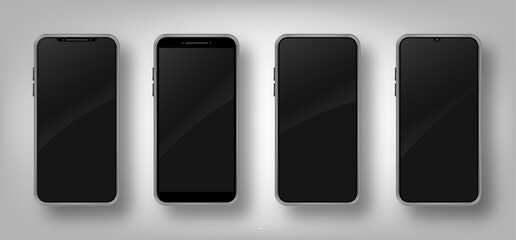 Set of different realistic smartphone mockup. Cellphone frame with blank black display.