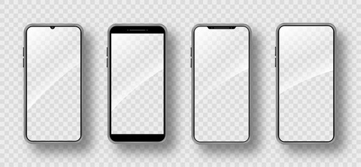 Realistic smartphone mockup set. Cellphone frame with blank display. Isolated vector illustration on transparent background