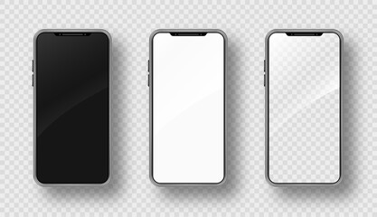 Realistic smartphone mockup set. Cellphone frame with blank display. Isolated vector illustration