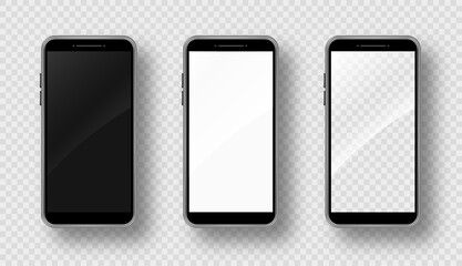 Realistic smartphone mockup set. Cellphone frame with blank display. Isolated vector illustration