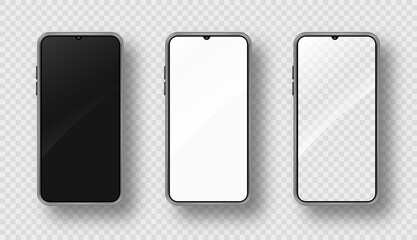 Realistic smartphone mockup set. Cellphone frame with blank display. Isolated vector illustration