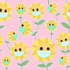 Fototapeta premium Flowers seamless pattern, Sunflowers cartoon characters wear a face masks on a pink wallpaper. 