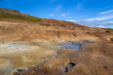 Fototapeta na wymiar Geothermal area, hot steam, solfataras and hot mud cauldrons. Krisuvik, western Iceland.