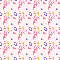 Pink, blue pastel texture with musical notes and a treble clef. Template