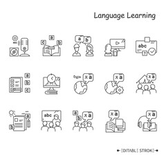 Foreign language learning line icon set. Learning methods, ways and processes. Speaking, listening, spelling, and more. Foreign languages learning . Isolated vector illustrations. Editable stroke