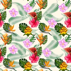 Schilderijen op glas Seamless tropical pattern with palm, monstera leaves and many flowers of hibiscus, sterlitz, tropical © MichiruKayo