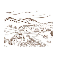 Fototapeta premium Black sketch cow farm landscape poster with cow grazing in a meadow next to mountains