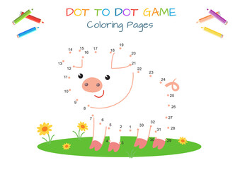 Drawing for coloring: piglet, pig. Numbers game, education dot to dot game for children.