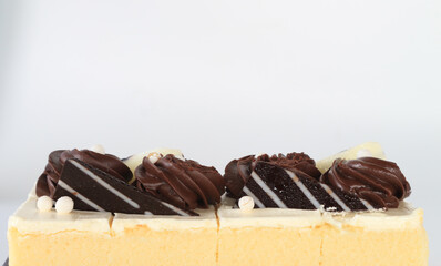 chocolate chiffon cake on white background.
