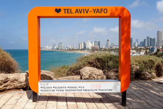 Tel Aviv Jaffa Orange Picture Frame With Tel Aviv Coastline In The Background.