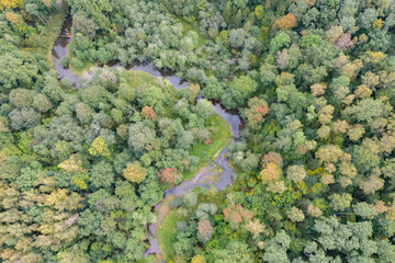 Aerial top down view of winding river flowing through green forest