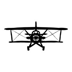 Biplane icon. Black contour silhouette. Front view. Ink sketch drawing. Vector flat graphic hand drawn illustration. The isolated object on a white background. Isolate. © far700