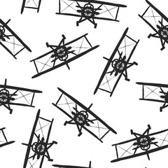 Black ink biplanes isolated on white background. Monochrome seamless pattern. Front view. Vector flat graphic hand drawn illustration. Texture.