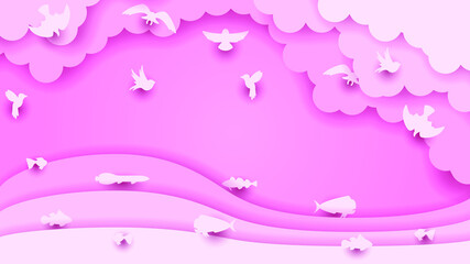 Abstract Pink Paper Cut Wave Sea Clouds Background Vector With Fishes Abd Birds Vector Design Style