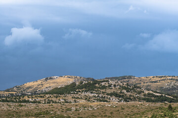 Fototapeta na wymiar OCTOBER, 2020 - Scenic karst landscape on the Velebit mountain in Croatia just before rain