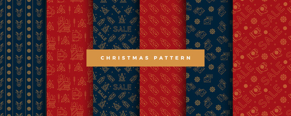 Merry Christmas and Happy New Year! Set of winter holiday backgrounds. Collection of seamless patterns with outline icons. Vector illustration.