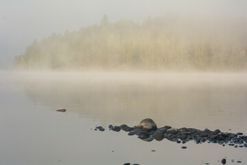 Rocks, lake, forest, fog