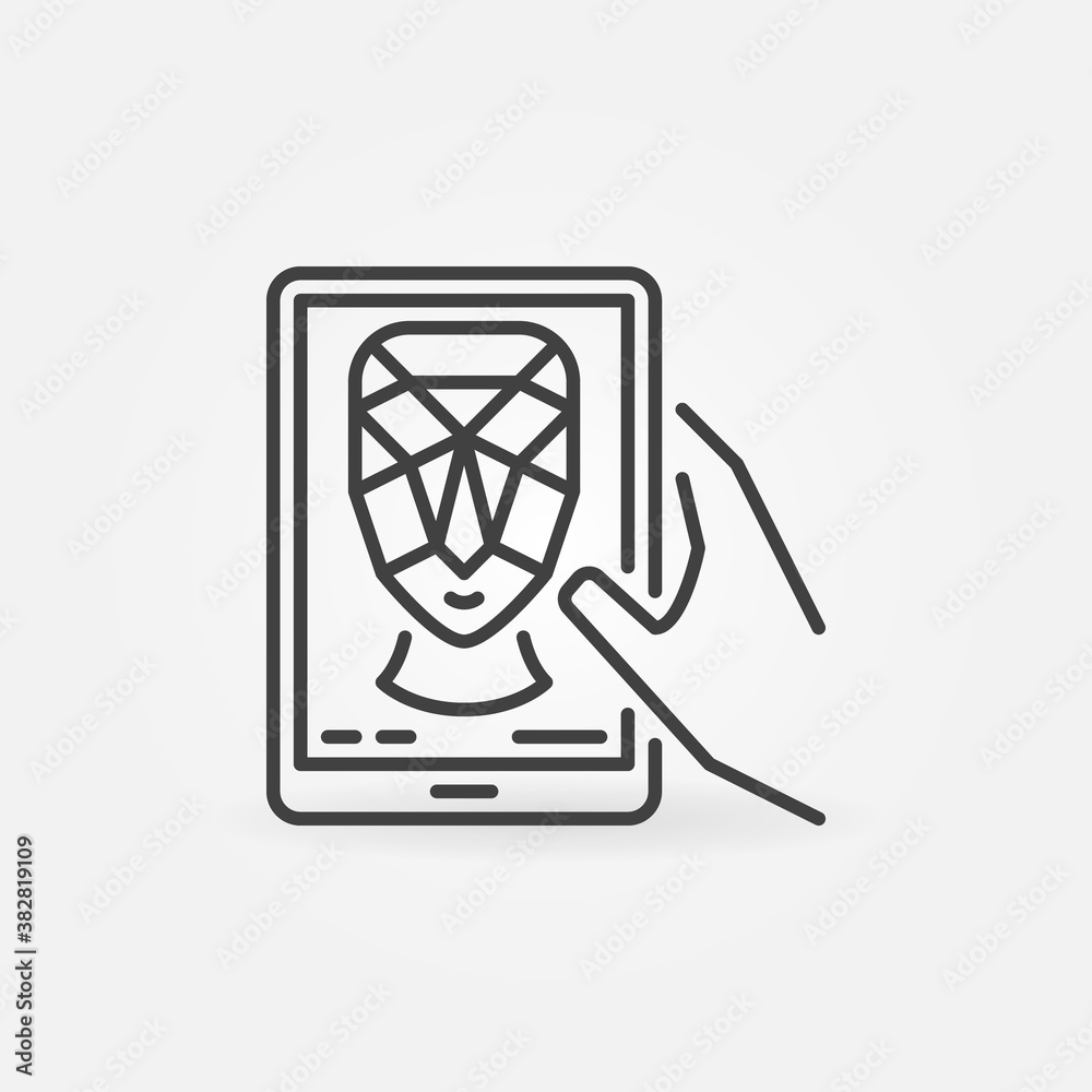 Poster face recognition and authentication on tablet device vector concept outline icon or sign