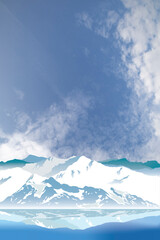 Snow capped mountain range reflected in foreground water set against a blue cloudy sky