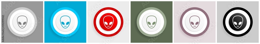 Poster alien face icon set, colorful flat design vector illustrations in 6 options for web design and mobil