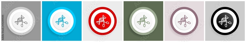 Aufkleber Dna, genetic modification icon set, colorful flat design vector illustrations in 6 options for web design and mobile applications