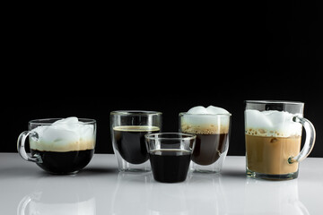 different types of coffee on a simple black white background