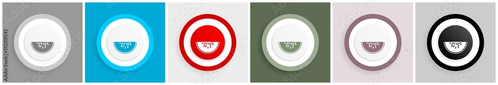 Poster watermeloon, fresh fruit icon set, colorful flat design vector illustrations in 6 options for web de