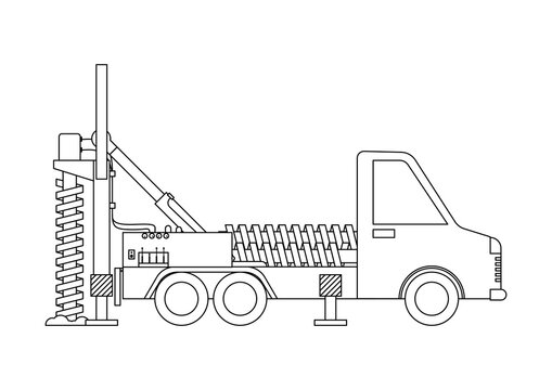 Drilling truck outline isolated on white background. Coloring page.