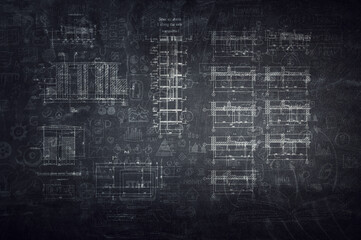 Architectural drafts on black board . Mixed media