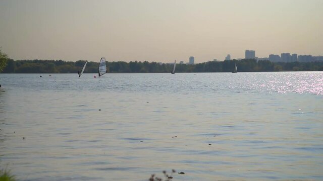 Windsurfing on the lake in Moscow, Strogino. The concept of sports and entertainment.