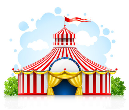 Striped strolling circus marquee tent with flag isolated on white background.