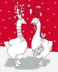 Mom and dad Geese all dressed up for Christmas. Posing for a family picture, red snow background, handdrawn illustration