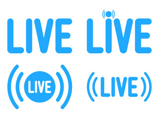 Set of blue live streaming icons. Broadcast symbols. Social media live video