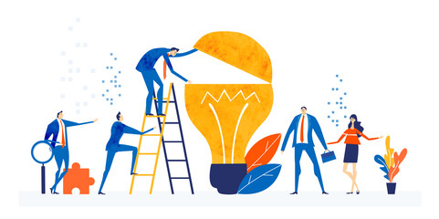 Business people working next to big light bulb as symbol of generating great new ideas, support, control and delivering the deal. 