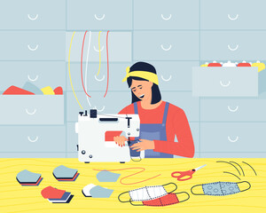 In the workshop, a woman sews medical cloth masks on a sewing machine. Sewing accessories are stored in the boxes. Blanks for fabric masks are laid on the table. Flat vector illustration.
