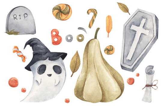 Happy Halloween collection. Hand drawn watercolour painting on white, elements for creative design, printable decor.