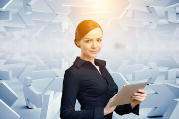 Business woman and maze . Mixed media