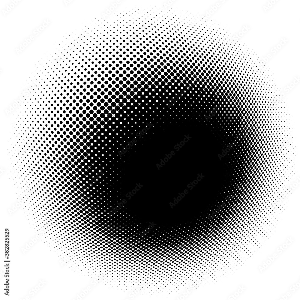 Poster spherical distortion halftone dots element. orb, ball deform on bulge, bump speckles, polka-dots and