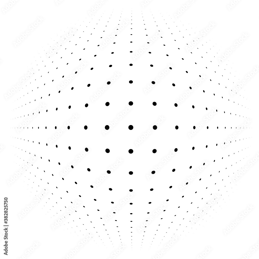 Poster spherical distortion halftone dots element. orb, ball deform on bulge, bump speckles, polka-dots and